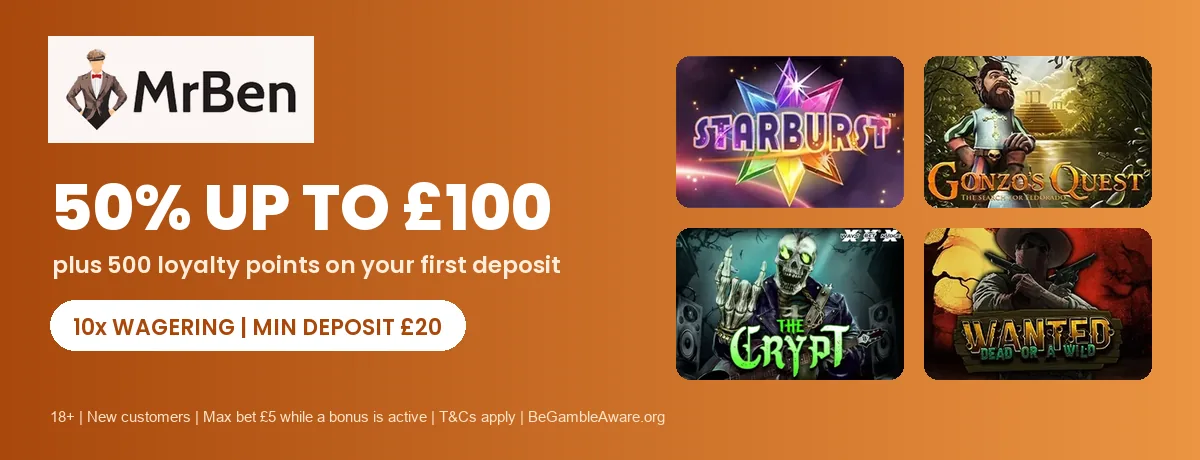 Mr Ben casino welcome offer: 50% match up to £100 plus 500 loyalty points